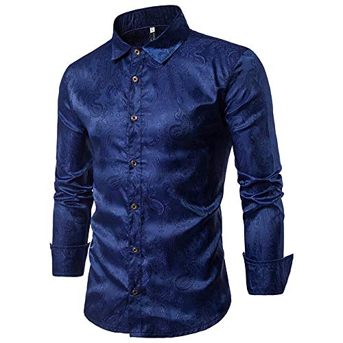 Allthemen - Camisa de cachemira para hombre, de seda, jacquard para hombre, camisas de vestir de manga larga, cuello con botones, casual, esmoquin Azul azul marino S