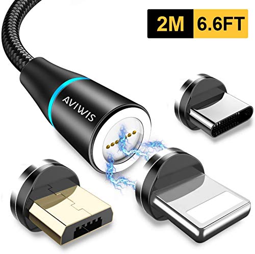 AVIWIS Cable USB Magnético, Multi 3 en 1 Cable Magnetic de Carga Cargador Iman con Adaptador Micro USB Tipo C IP Compatible con Android Galaxy, Xiaomi, Huawei, Honor (2M, Negro)