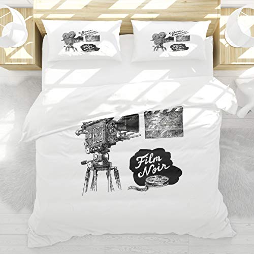 BEDNRY Juego de Ropa de Cama,Cine Antiguo Cine Cámara Estilo Dibujado a Mano Colección de Arte Película Noir Género Tema,1 Funda Nórdica 220x240cm y 2 Funda de Almohada