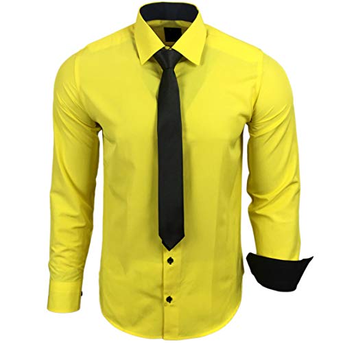 Camisa de la marca Rusty Neal R-44-KR, con corbata. Ideal para negocios, bodas y tiempo libre. Ajustada amarillo XXXXL