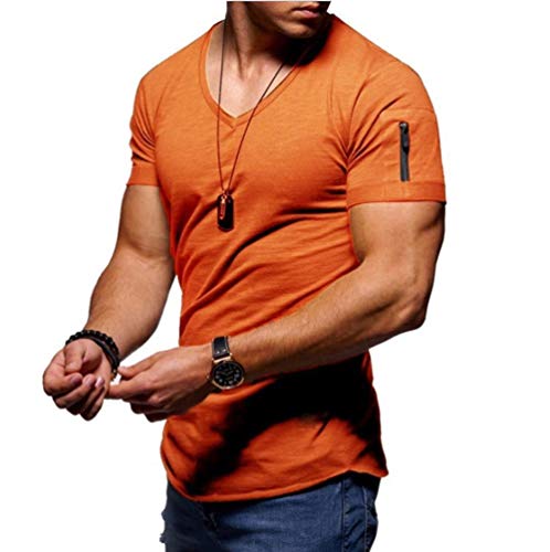 Camisetas con Cuello de Pico para Hombre, Manga Corta Casual de Color Liso, Camiseta de Verano con Cremallera en el Hombro-Naranja_4XL