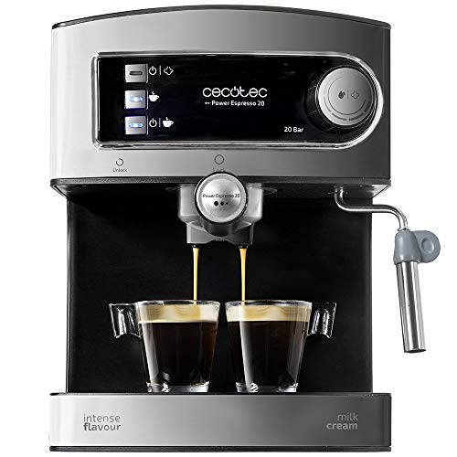 Cecotec Power Espresso 20 - Cafetera Express Manual, 850W, Presión 20 Bares, Depósito de 1,5L, Brazo Doble Salida, Vaporizador, Superficie Calientatazas, Acabados en Acero Inoxidable, Negro/Plata Cecotec Power Espresso 20 - Cafetera Express Manual, 850W, Presión 20 Bares, Depósito de 1,5L, Brazo Doble Salida, Vaporizador, Superficie Calientatazas, Acabados en Acero Inoxidable, Negro/Plata
