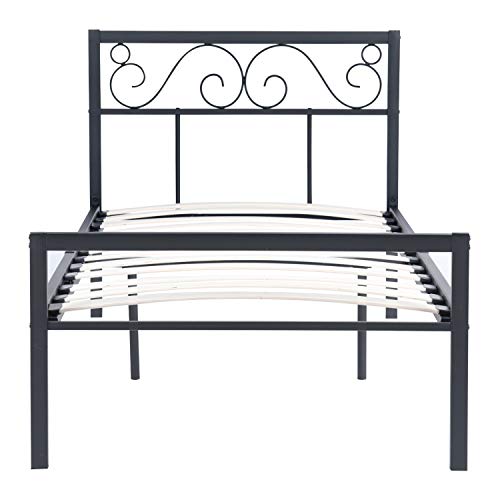 Coavas Estructura de Cama Individual Rústica con Cabecero de Metal en Negro y Somier de Lamas de Madera de Haya (96cm*196cm), Peso Máximo 250kg