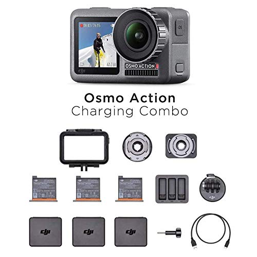 DJI Osmo Action Charging Combo - Cámara Digital con Kit de Accesorios Incluido, Pantalla Doble, Resistente al Agua hasta 11 m, Estabilización Integrada, Foto y Video en 4K HDR a 100 Mbps, Negro