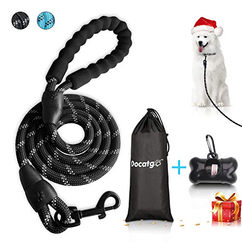 Docatgo Correa de Perro，1,5m Correas de Perros Nylon con MangoAcolchadocómodo，Roscas Altamente Reflectantes para Perros Grandes o Medianos (Negro)