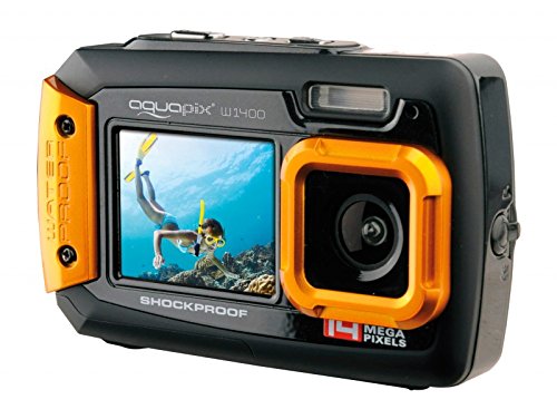 Easypix W1400 Active - Cámara de fotos subacuática (doble pantalla, 20 MP,zoom 4x, sumergible 3 m), color negro/naranja