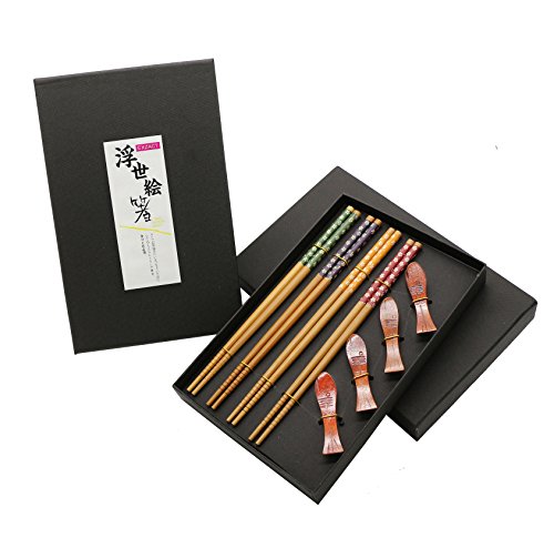 Exzact EX-CS04 Set de regalo de palillos - 4 pares de palillos de bambú natural reutilizables con 4 piezas de palitos de madera - en una hermosa caja hecha a mano negra - Estilo japonés decorado