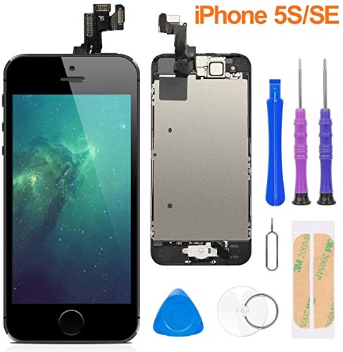 FLYLINKTECH Pantalla para iPhone 5s / se,Táctil LCD de Repuesto Ensamblaje de Marco Digitalizador con botón de Inicio,cámara Frontal,Sensor de proximidad,Altavoz y Herramientas (Negro)