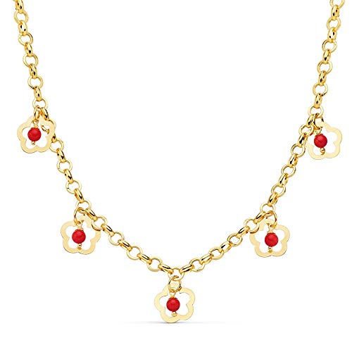 Gargantilla Oro 18K Mujer Cadena 50cm. Motivo Flores Colgantes 12mm. Centro Piedra Coral Imitación Gargantilla Oro 18K Mujer Cadena 50cm. Motivo Flores Colgantes 12mm. Centro Piedra Coral Imitación