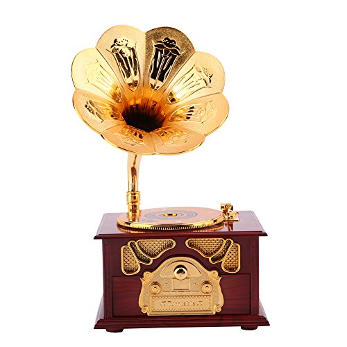 Hilitand Caja de Música, Forma de fonógrafo Retro Caja de Música Regalo Clásico Trompeta de Oro Cuerno Artes Creativas(Marrón)
