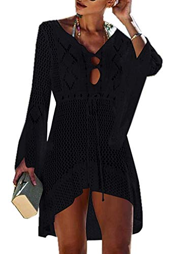 Jinsha Vestido de Playa - Mujer Pareos y Camisola de Playa Sexy Hueco Traje de Baño Punto Bikini Cover up (Black)