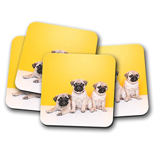 Juego de 4 posavasos con diseño de cachorros de carlino, color amarillo, regalo para niños #15955