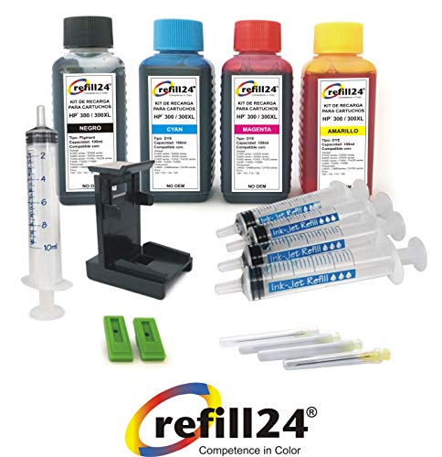 Kit de Recarga para Cartuchos de Tinta HP 300, 300 XL Negro y Color, Incluye Clip y Accesorios + 400 ML Tinta