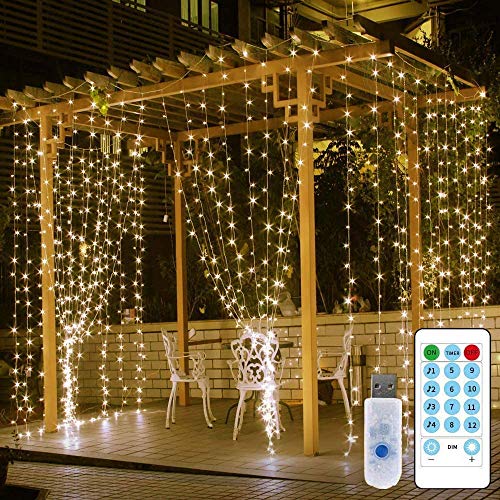 LECLSTAR Cortina de Luces LED USB,3m*3m 300 LED 8 Modos de Luz con Control Remoto y 4 Modo de Música,IP67 Impermeable,Cadena de Luces Decoración de Casa, Fiestas, Bodas, Jardin, Arbol de Navidad, etc