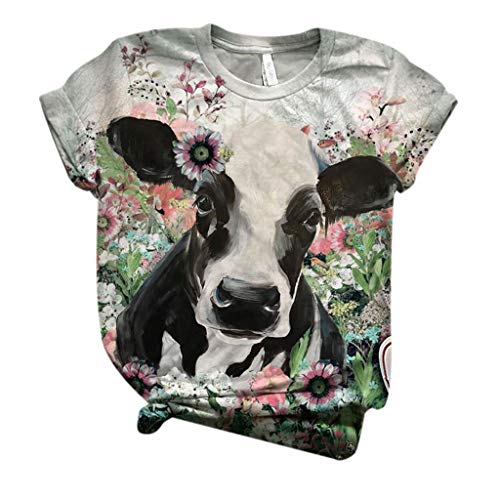 Lenfesh Plus Size Camiseta de Mujer para Mujer Vintage 3D Vaca con Flor Gráfico O-Cuello Tops Camiseta Verano Casual Blusa de Manga Corta Camisas