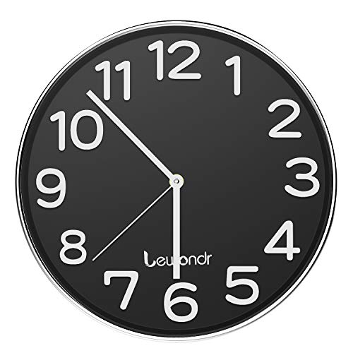 Lewondr Reloj de Pared, Reloj Silencioso Redondo de 12 Pulgadas, Reloj Moderno Que sin Tic-TAC, Funciona con Pilas(No incluida) para Hogar, Sala de Estar, el Aula - Negro