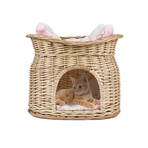 LOSY PET Cama de Mimbre para Gatos Cesta de 2 Niveles para Mascotas Perros Gatos con 2 Cojines Suaves Color Beige LOSY PET Cama de Mimbre para Gatos Cesta de 2 Niveles para Mascotas Perros Gatos con 2 Cojines Suaves Color Beige