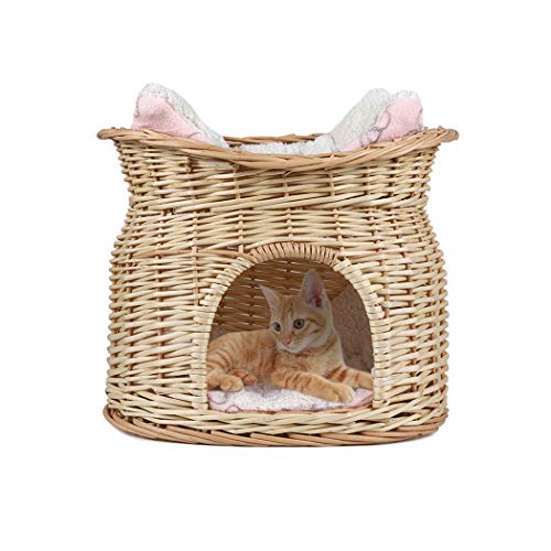 LOSY PET Cama de Mimbre para Gatos Cesta de 2 Niveles para Mascotas Perros Gatos con 2 Cojines Suaves Color Beige