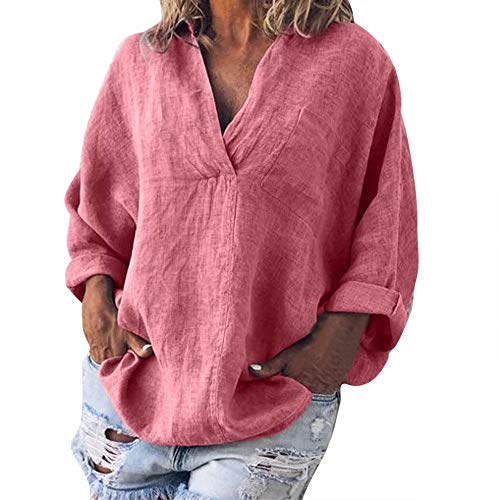 LRWEY Camisetas para Mujer, Mujer Moda Tallas Grandes sólido Lino Casual con Cuello en v Blusa Camiseta