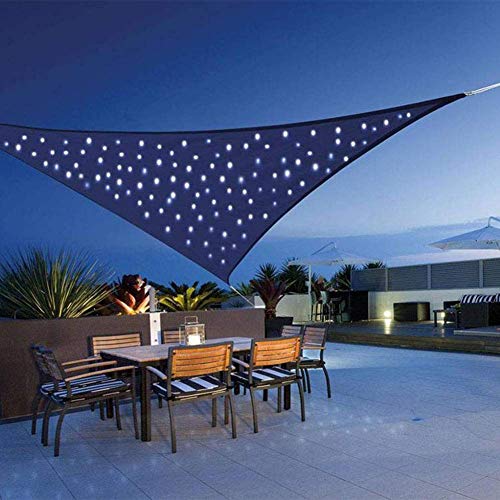 LUKUCEA Toldo Vela sombrilla Parasol triangulo 5×5×5 m 95% Protección UV Vela Solar en Poliéster Resistente a Desgarro y Intemperie con Cadena de Luz LED,Beach Yellow
