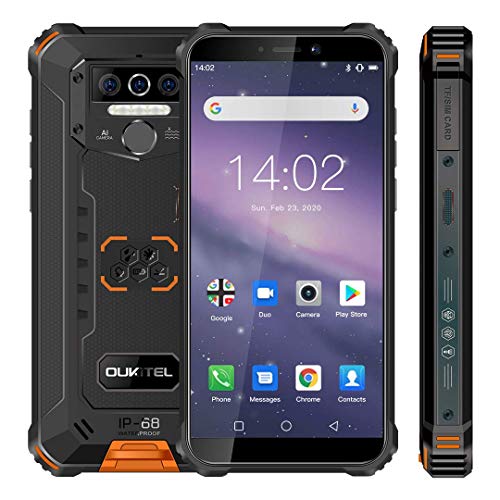 Móvil Resistente, OUKITEL WP5 Telefono Movil Antigolpes, Batería Grande de 8000 mAh, 4GB RAM + 32GB ROM,5.5 Pulgadas,Cámara Triple, Android 9.0 Smartphone con 4 Linternas LED Súper Brillantes-Naranja