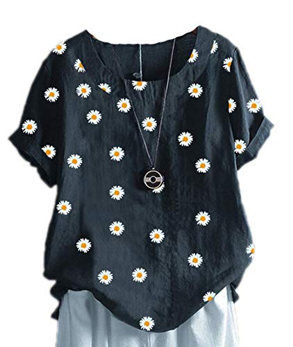 N Camisetas de Margaritas de Lino y algodón para Mujer, Camisetas de Camisa de Girasol Casuales