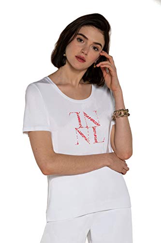 NAULOVER - Camiseta para Mujer Color Blanco con Logo a Contraste en Tonos Coral. (Talla 48)