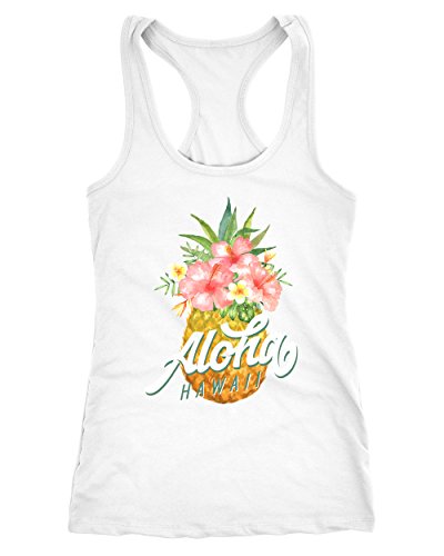 Neverless – Camiseta de Tirantes para Mujer, piña, Aloha, Hawaii, Flores, Tropical, paraíso, Espalda Cruzada, Slim Fit, Entallada, algodón Piña Aloha Blanco. S