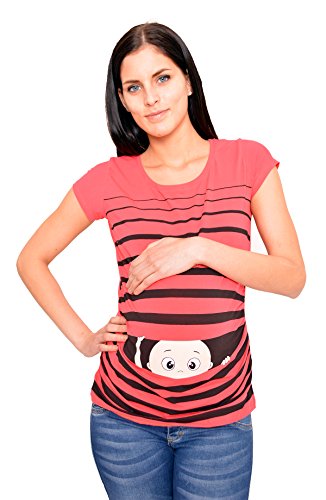 Ropa premamá Divertida y Adorable, Camiseta con Estampado, Regalo Durante el Embarazo - Manga Corta (Coral, Medium)