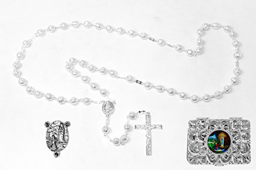 Rosario católico de plata con caja de regalo, de metal plateado – de Lourdes (5976/1)