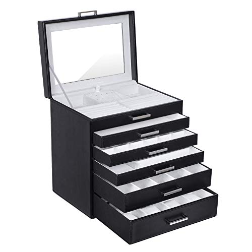 SONGMICS Caja Joyero Grande de 6 Niveles con Espejo, para Pendientes, Collares, Pulseras, Relojes y Gafas, Negro JBC138B SONGMICS Caja Joyero Grande de 6 Niveles con Espejo, para Pendientes, Collares, Pulseras, Relojes y Gafas, Negro JBC138B