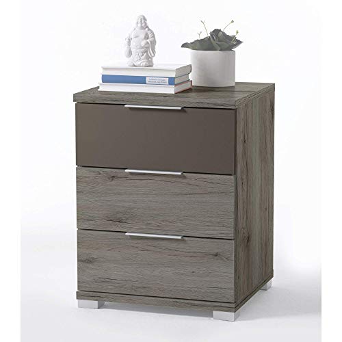 Stella Trading Nachtkommode Mesa Universal Aspecto Moderno mesita de Noche con Tres cajones para tu Cama, Tabla de Madera aglomerada, Roble San Remo Oscuro y Lava, 3 Schubkästen