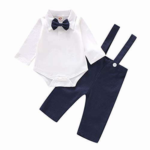 Traje De Caballero BebéS NiñO Mono De Camisa Parte Superior De Color Liso Pajarita Mameluco+Pantalones Con Peto Vestido De Fiesta Informal/Fiesta De Bautizo/Fiesta De Bodas(Armada,6-12 meses/90)