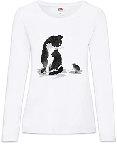 Urban Backwoods Cat and Mouse Women T-Shirt Mujer Camiseta de Manga Larga Blanco Talla L