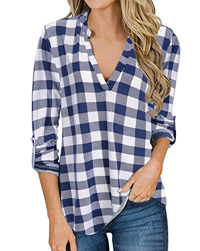 YOINS Blusa Mujer Manga Larga Camiseta Cuello V Camisa Elegante Túnica Casual SueltoTops Otoño Invierno Tela Escocesa Azul 01 S