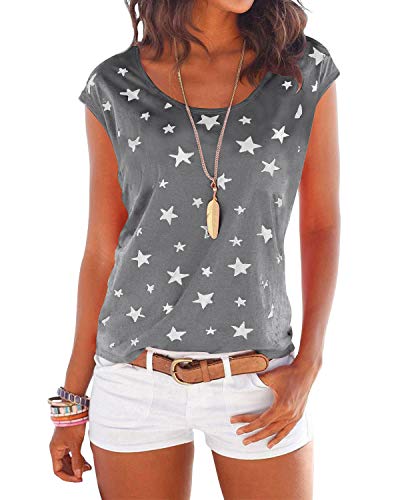 YOINS - Camiseta de manga corta para mujer, cuello redondo, diseño de estrellas, estilo casual Gris gris XL