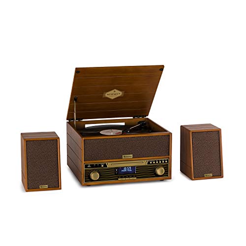 auna Belle Epoque 1910 Wood Edition - Equipo de música, Tocadiscos, Altavoces estéreo, 2X 5W RMS, Reproductor de vinilos, CD, Pletina de Casete, Bluetooth, USB, AUX, FM, Marrón Claro