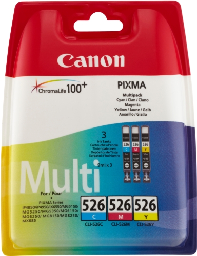 Canon CLI-526 3 Cartuchos Multipack de tinta original Cian/Magenta/Amarillo para Impresora  de tinta Pixma MX715-MX885-MX895-MG5150-MG5250-MG5350-MG6150-MG6250-MG8150-MG8250-iP4850-iP4950-iX6550