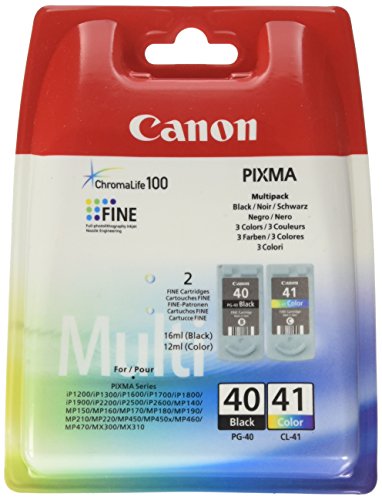 Canon PG-40+CL-41 Cartuchos de tinta original BK+Tricolor para Impresora de Inyeccion de tinta Pixma MP140,150,160,170,180,190,210,220,450,450x,460,470-iP1200,1300,1600,1700,1800,1900,2200,2500,2600
