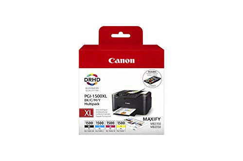 Canon PGI-1500XL 4 Cartuchos Multipack de tinta original NegroXL/CianXL/MagentaXL/AmarilloXL para Impresora de Inyeccion de tinta Maxify MB2050-MB2150-MB2155-MB2350-MB2750-MB2755