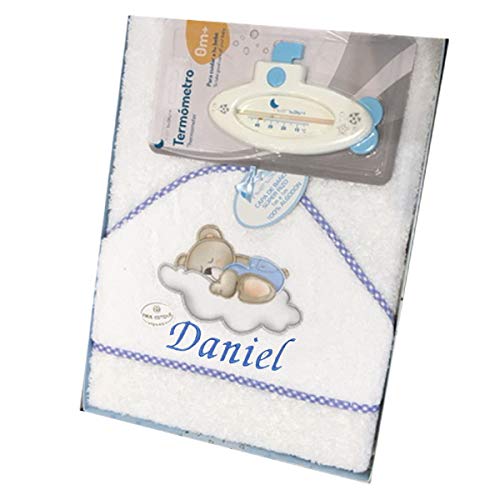 Capa de baño para Bebe BORDADA con nombre. Modelo Osito luna. Capas y toallas bebe regalos bebe (Azul/Blanco)