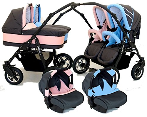 Carro gemelar 3en1. 2 capazos + 2 sillas + 2 grupo 0 + accesorios (azul+rosa) Carro gemelar 3en1. 2 capazos + 2 sillas + 2 grupo 0 + accesorios (azul+rosa)