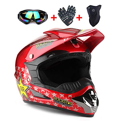 Cascos de Motocross de Moto Set con Gafas/Guantes/Máscara, Niños Cascos de Cross Deportes y Aire Libre Downhill Enduro Off-Road Cascos de Motos Racing ATV MTB BMX Casco Rojo Rockstar,M(54~55cm)