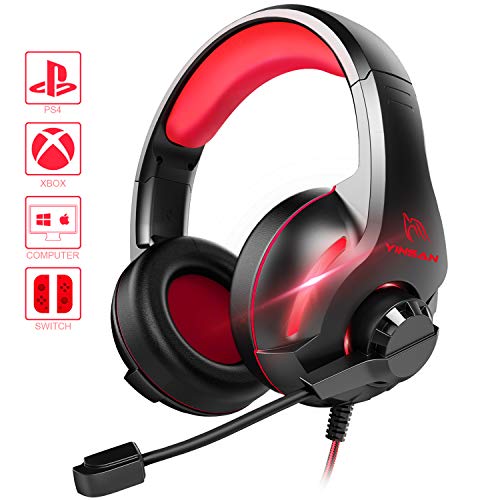 Cascos PS4, YINSAN Auriculares Gaming Estéreo da 3,5 mm Jack con Micrófono Flexible y Luz LED RGB, Cascos Gaming Profesionales para Xbox One Nintendo Switch Laptop Tablet PC Mac Smartphone (Rojo)