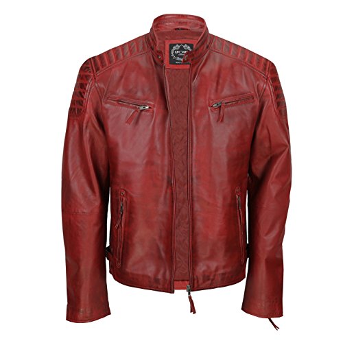 Chaqueta de piel suave para hombre, corte ajustado, chaqueta estilo biker con cremallera, retro, color marrón lavado Rojo rojo (Maroon) XXX-Large