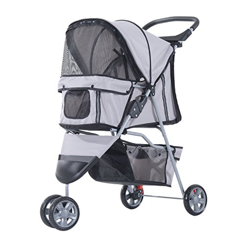 Cochecito Plegable Mascotas 75x45x97cm Perro Gato Carrito Ruedas Giran 360º Gris