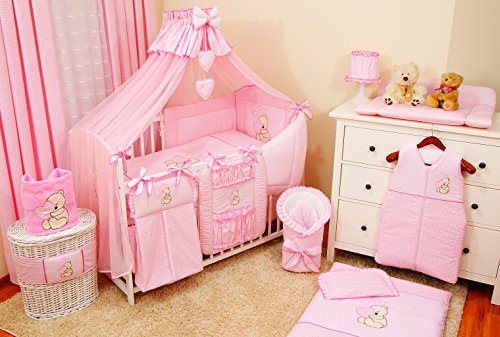 Conjunto de ropa de cama para cuna de bebé, 100% algodón, conjunto completo XXL de 18 piezas, diseño bordado de osito, incluye mosquitera rosa Rose Talla:120x60cm