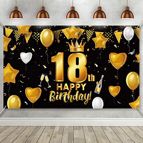 Decoración de Fiesta Negra Dorada de 18 Cumpleaños, Cartel de Oro Negro de Tela Grande para Cumpleaños Aniversario Fiesta de 18 Años, Banner Fondo de Fiesta 18 Cumpleaños 72,8 x 43,3 Pulgadas