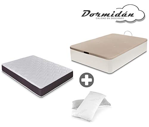 Dormidán - Pack de canapé abatible de Gran Capacidad + colchón viscoelástico + Almohada visco Copos de Regalo (135_x_190_cm, Blanco) Dormidán - Pack de canapé abatible de Gran Capacidad + colchón viscoelástico + Almohada visco Copos de Regalo (135_x_190_cm, Blanco)
