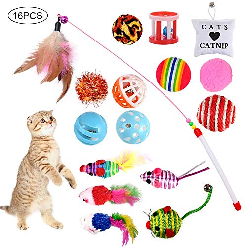 GOLDGE 16 Piezas Juguetes para Gatos, Juguete Interactivo con Plumas para Gatos, Ratóns y Bolas Varias para Gatos